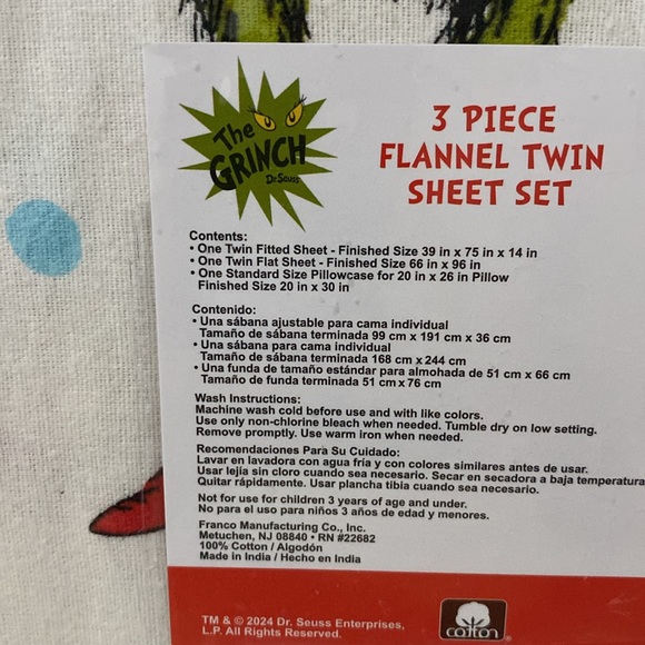 Grinch by Dr. Seuss Holiday Christmas 3 Piece Twin Sheet Set NWT - Picture 3 of 3